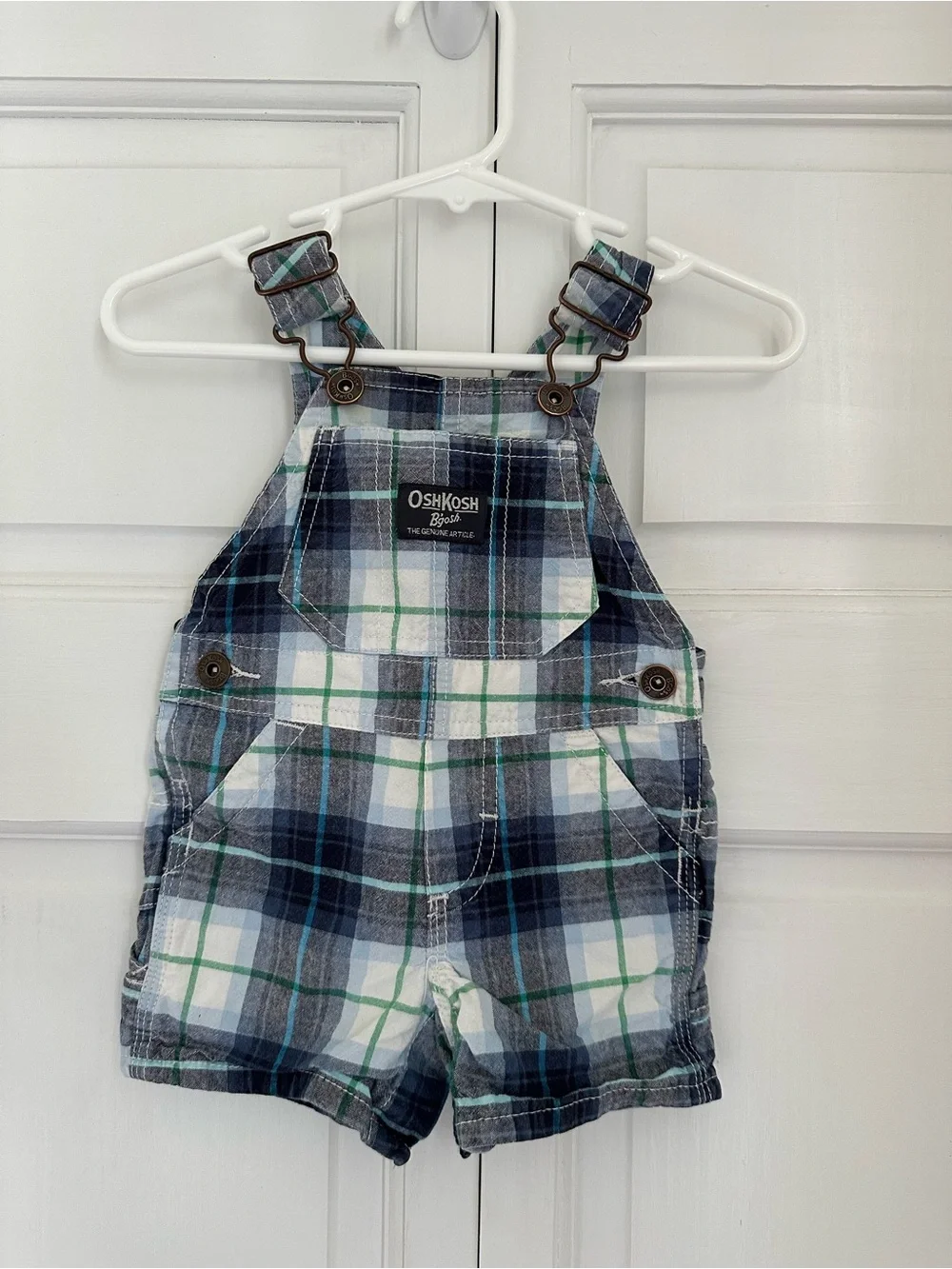 OshKosh Plaid Shortalls in Blue and Green 3m